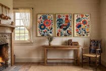 Kolorowe Plakaty folkowe z kogutem | Zestaw w stylu ludowym do jadalni, kuchni 82425 - miniaturka 3