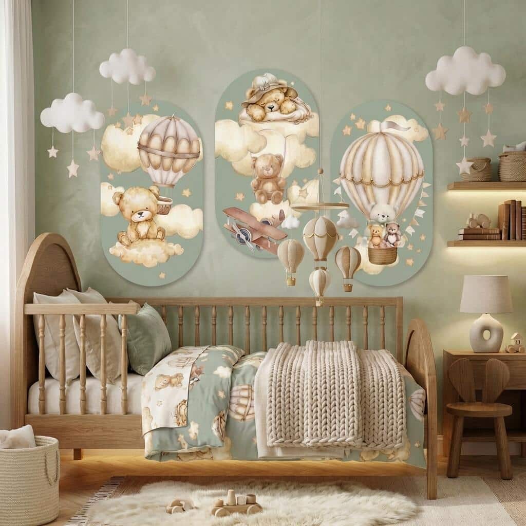 Obrazy dla dzieci, Tryptyk- Misie i Balony | Szałwiowa dekoracja do pokoju chłopca 42218 - zdjęcie 3