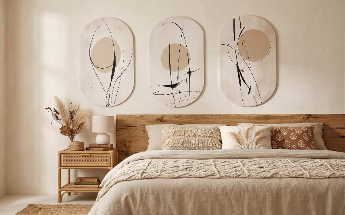 Abstrakcyjny Tryptyk- Beżowe Obrazy Elipsy w stylu Line Art 82409 - zdjęcie 2