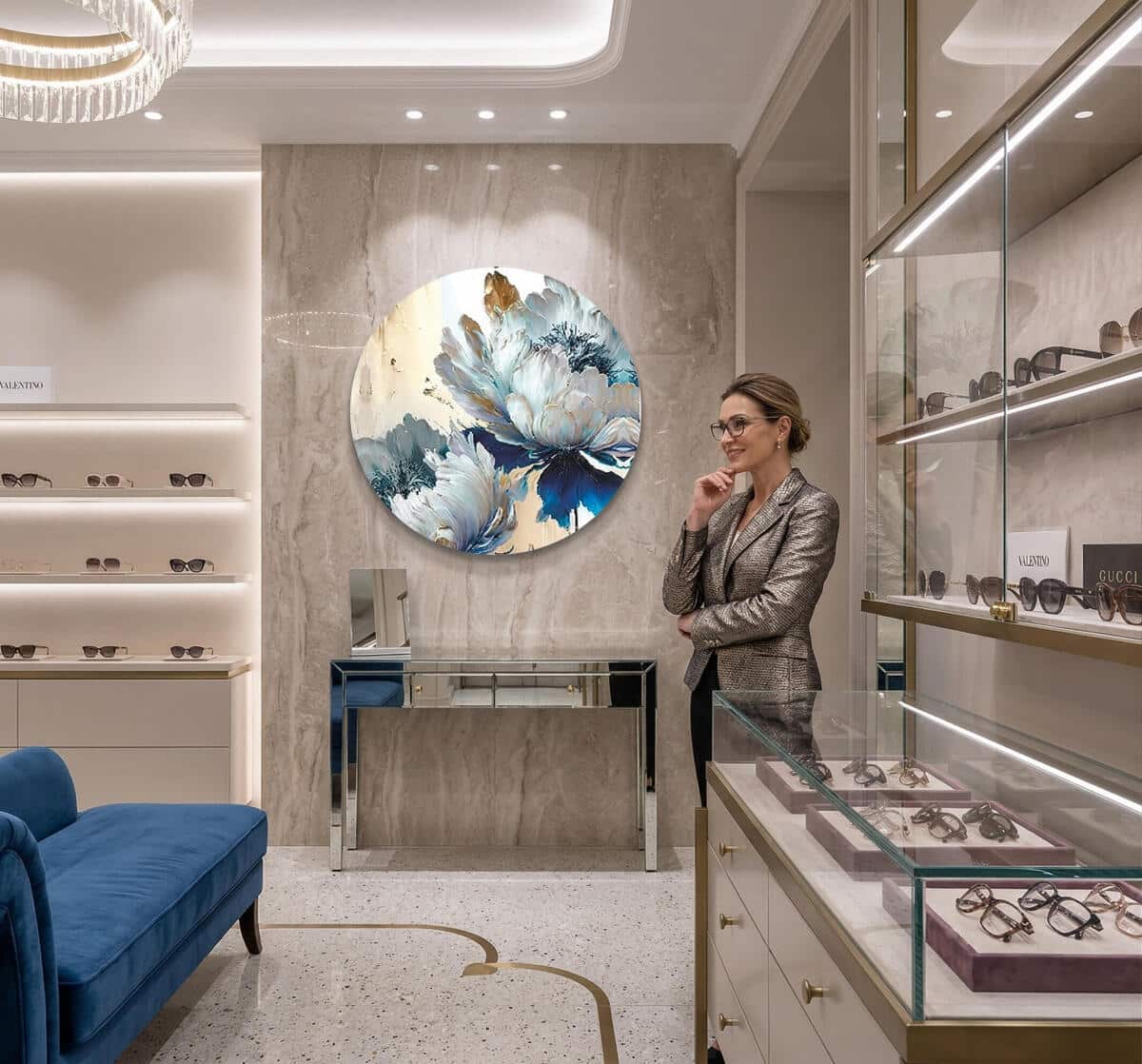 Nowoczesny Obraz na ścianę Koło- Kwiaty w odcieniach błękitu i złota Glamour 82420 - zdjęcie 4