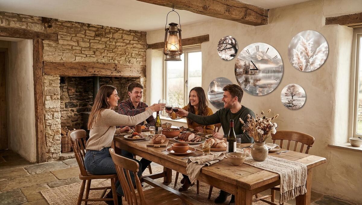 Zegar ścienny z kompletem Okrągłych Okrągłych Obrazów- Beżowe Krajobrazy do wnętrz boho 82438 - zdjęcie 6