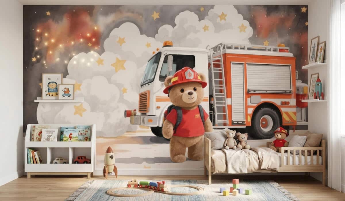 Fototapeta dla dzieci- Miś Strażak i Wóz Strażacki | Bajkowa dekoracja do pokoju chłopca 82426 - zdjęcie 3