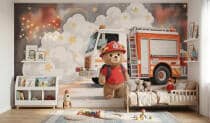 Fototapeta dla dzieci- Miś Strażak i Wóz Strażacki | Bajkowa dekoracja do pokoju chłopca 82426 - miniaturka 3