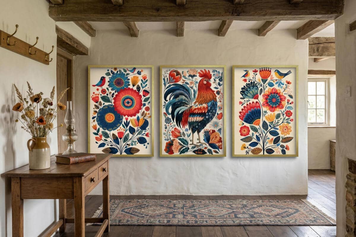 Kolorowe Plakaty folkowe z kogutem | Zestaw w stylu ludowym do jadalni, kuchni 82425 - zdjęcie 5