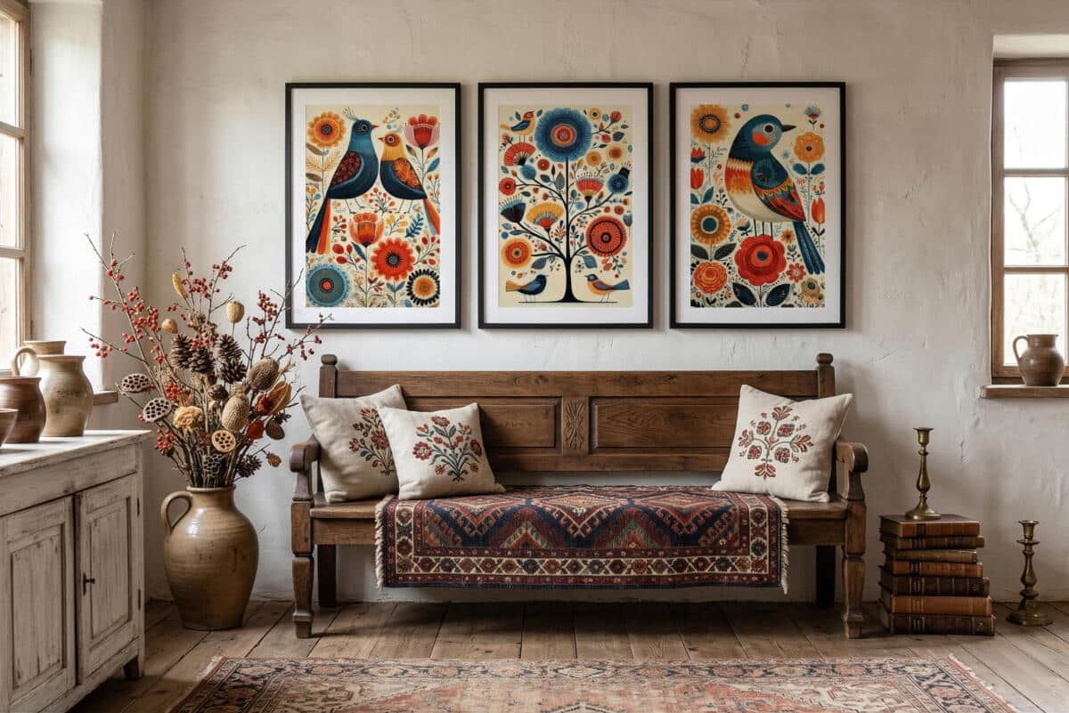 Kolorowe Plakaty Folk- Ptaki i Kwiaty | Tryptyk w stylu rustykalnym 82423 - zdjęcie 5