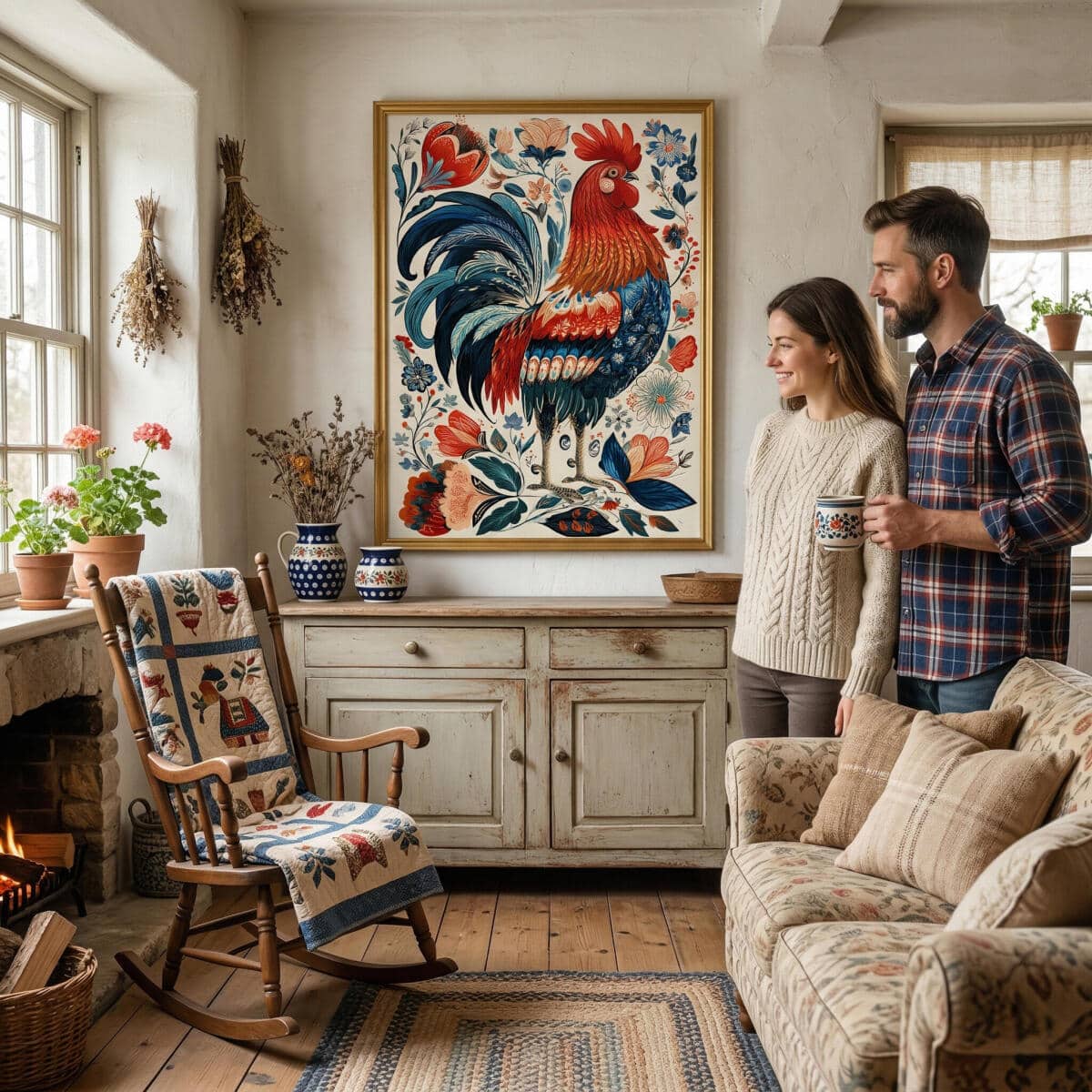 Kolorowy Plakat Folklor - Kogut i kwiaty | Sielska dekoracja, Obraz w stylu wiejskim / cottage 82427 - zdjęcie 4