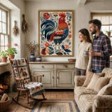 Kolorowy Plakat Folklor - Kogut i kwiaty | Sielska dekoracja, Obraz w stylu wiejskim / cottage 82427 - miniaturka 4