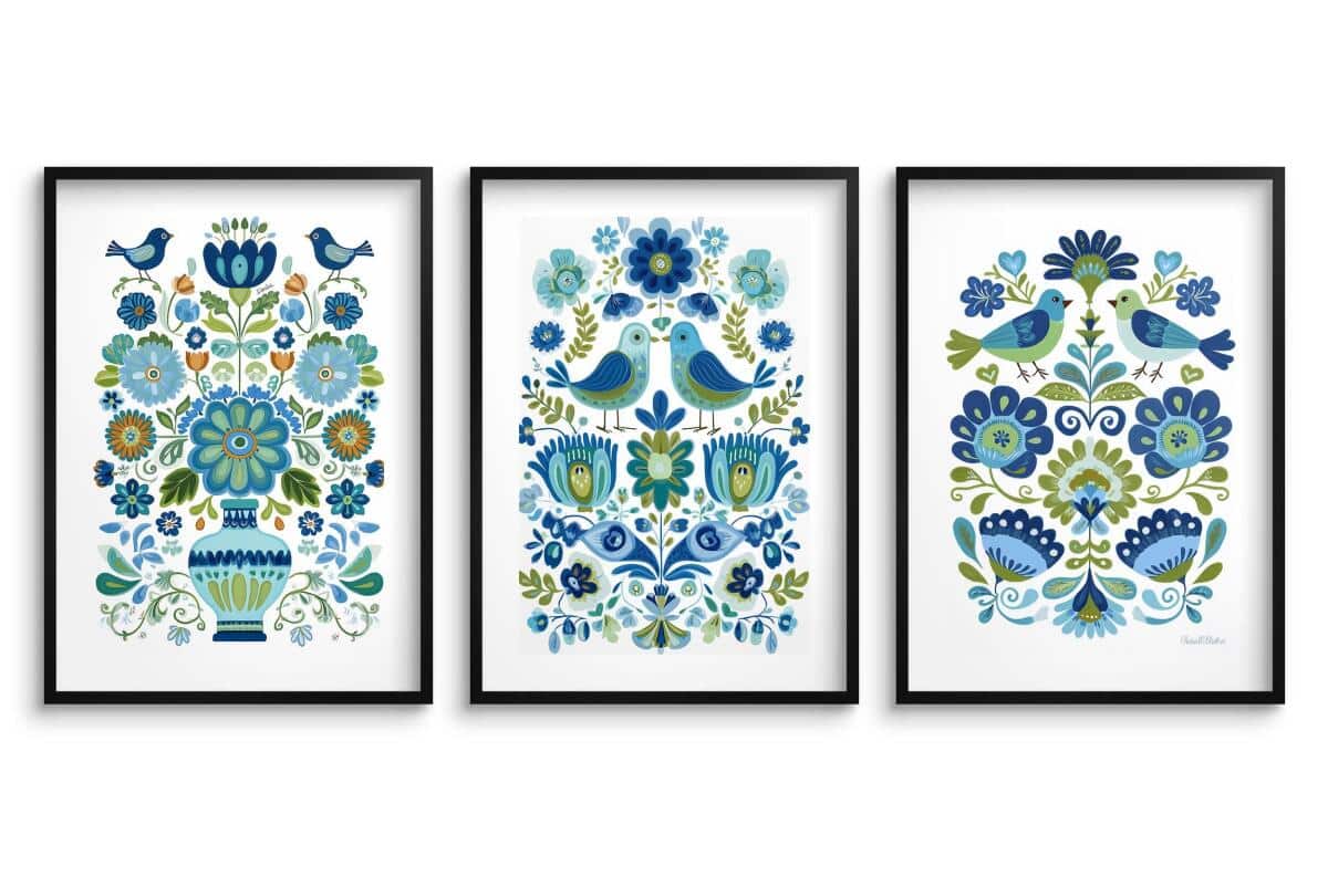 Dekoracyjne Plakaty Ludowe- ptaki i kwiaty | Niebieska ilustracja folk art 82424 - zdjęcie 7