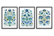 Dekoracyjne Plakaty Ludowe- ptaki i kwiaty | Niebieska ilustracja folk art 82424 - miniaturka 7