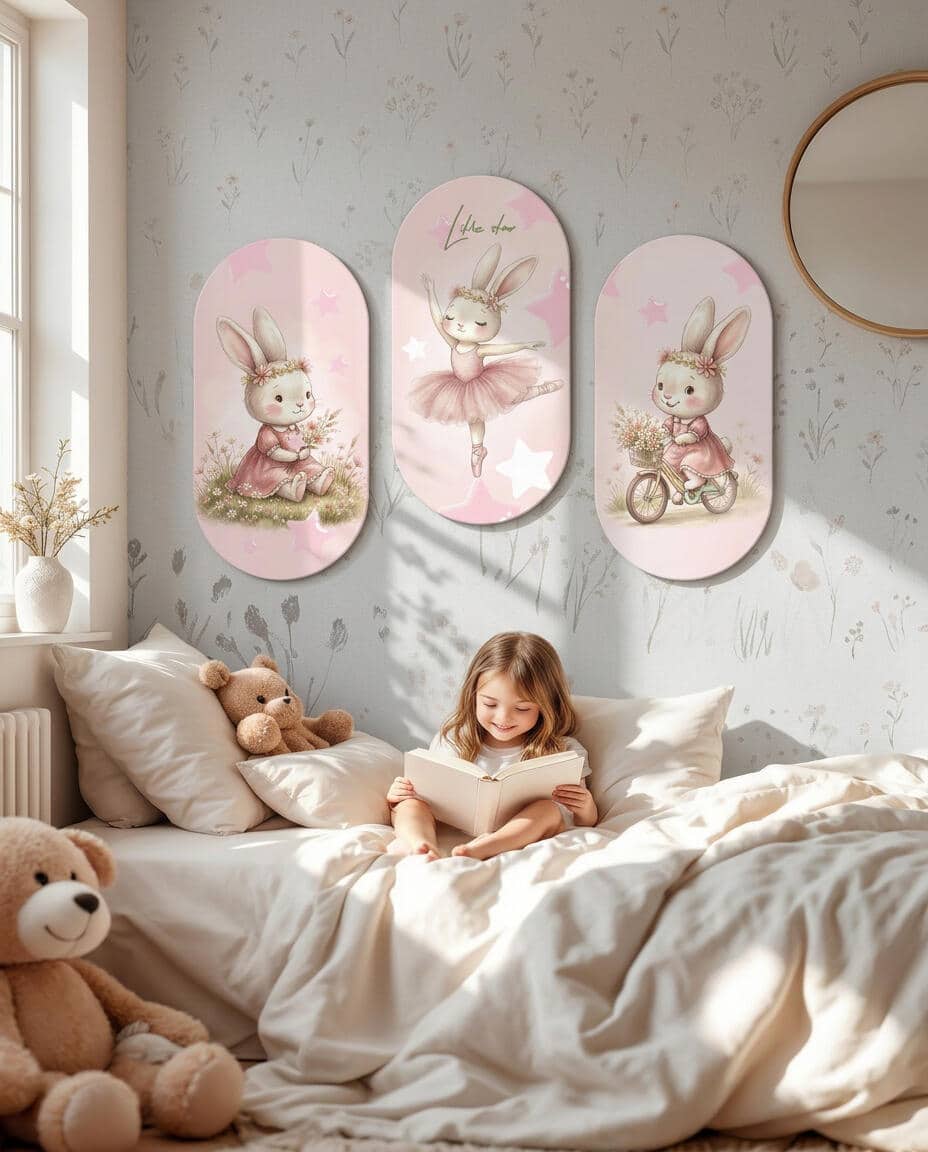 Uroczy Tryptyk Elipsa- Pastelowy Króliczek | Różowe Obrazy do pokoju dziewczynki  96002 - zdjęcie 6