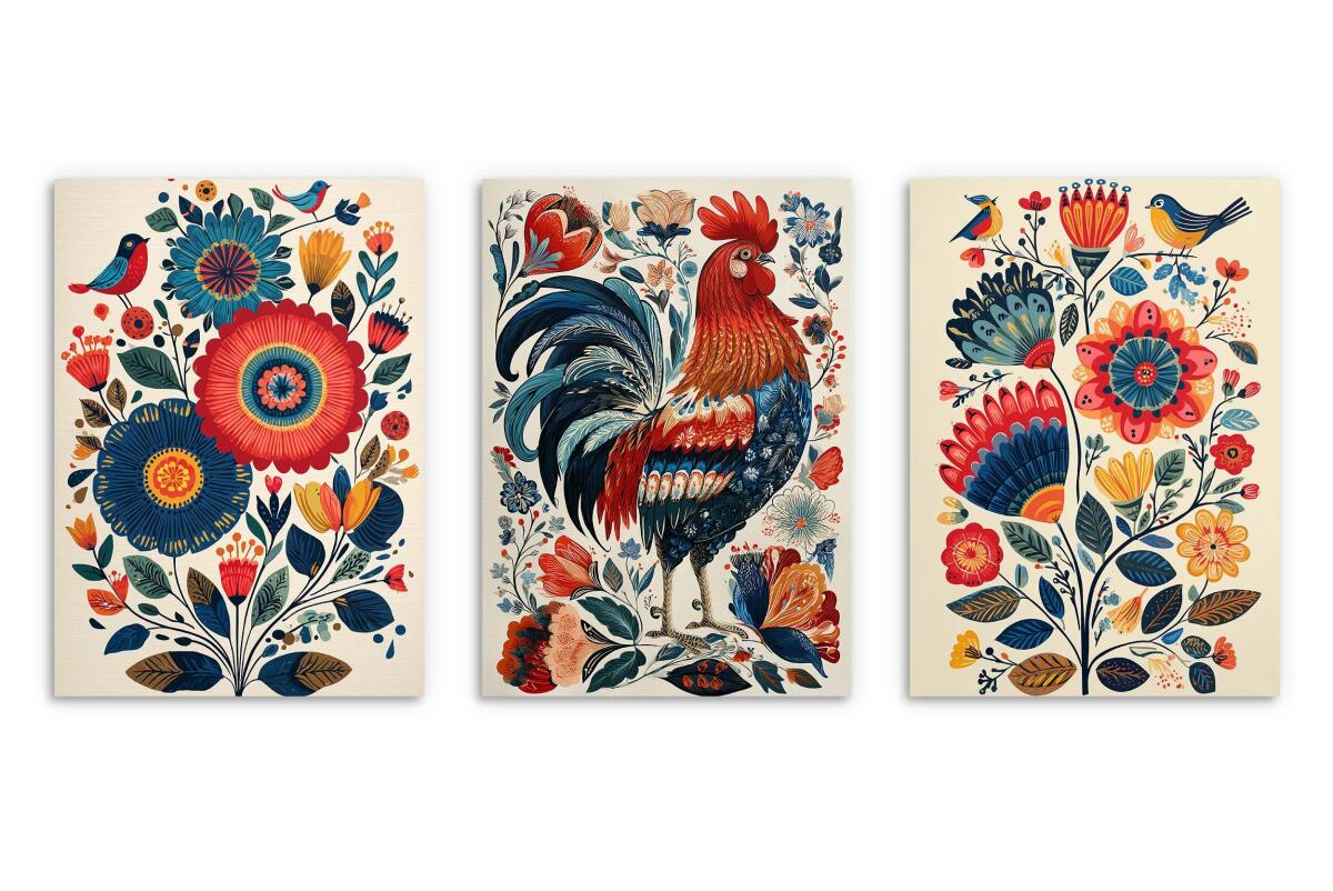 Kolorowe Plakaty folkowe z kogutem | Zestaw w stylu ludowym do jadalni, kuchni 82425 - zdjęcie 9