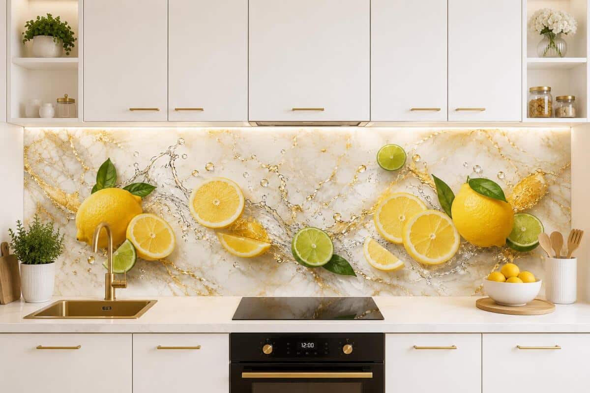 Panel między szafki kuchenne- owoce cytryny i limonki | Biały marmur ze złotem 76018 - zdjęcie 2