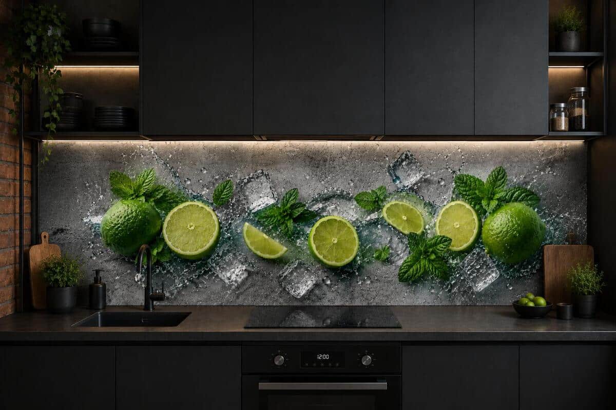 Nowoczesny panel kuchenny – Zielone limonki na betonowym tle 76021 - zdjęcie 2