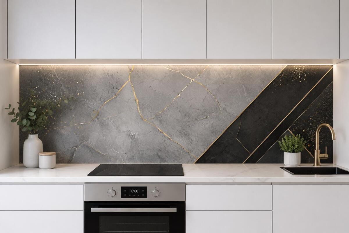 Panel Kuchenny Modern- Szary Marmur i złoto | Elegancki Panel między szafki do kuchni Glamour 76032