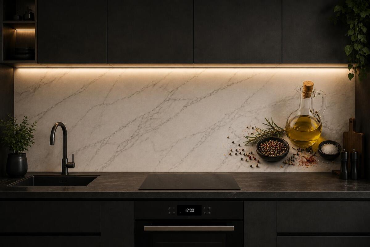 Panel nad blat kuchenny- Biały Marmur i przyprawy | Elegancka Dekoracja do kuchni 76013 - zdjęcie 2