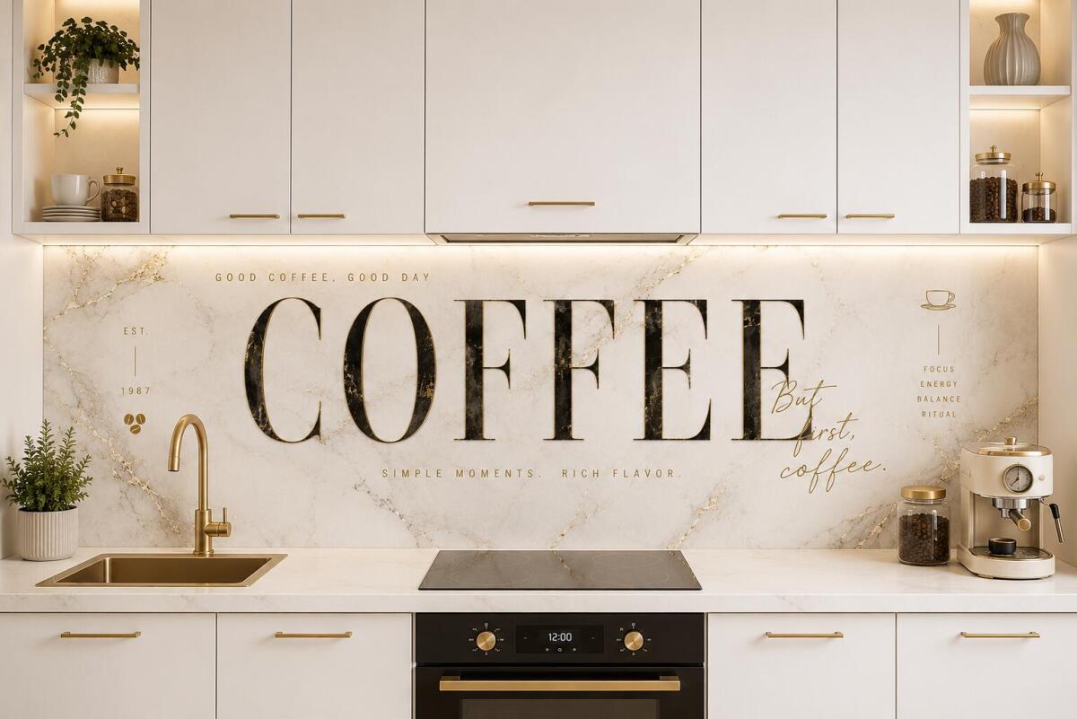 Panel Kuchenny Kawa- biały marmur ze złotem | Płyta nad blat But First Coffee 76017 - zdjęcie 2