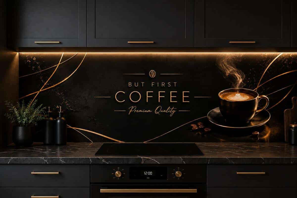 Panel do kuchni Glamour- But First Coffee | Czarno-złoty Lacobel nad blat kuchenny 76012 - zdjęcie 2