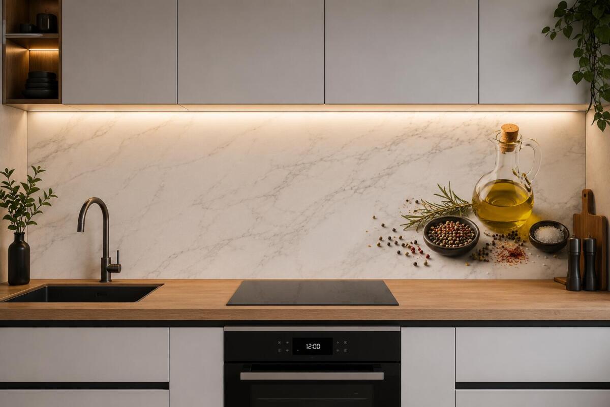 Panel nad blat kuchenny- Biały Marmur i przyprawy | Elegancka Dekoracja do kuchni 76013
