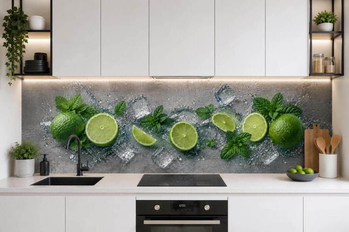 Nowoczesny panel kuchenny – Zielone limonki na betonowym tle 76021