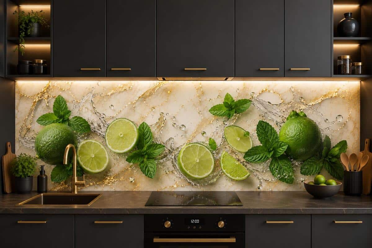 Panel Kuchenny Limonka Mięta | Płyta nad blat do kuchni- złoty marmur owoce 76019 - zdjęcie 2