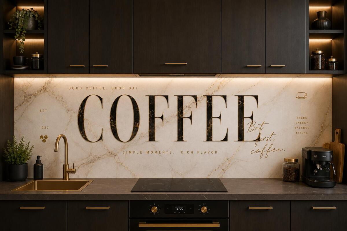 Panel Kuchenny Kawa- biały marmur ze złotem | Płyta nad blat But First Coffee 76017
