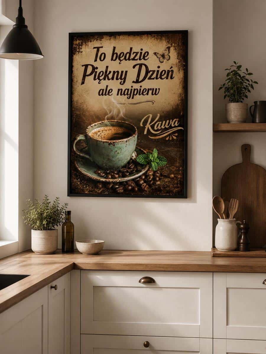 Plakat do kuchni, kawiarni- To będzie piękny dzień, ale najpierw Kawa | Obraz w stylu vintage 76010 - zdjęcie 5