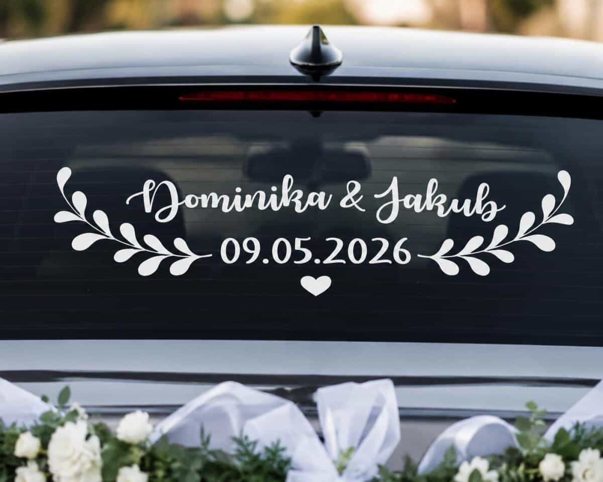Naklejka na samochód- Imiona Pary Młodej i data | Dekoracja auta do ślubu 51204