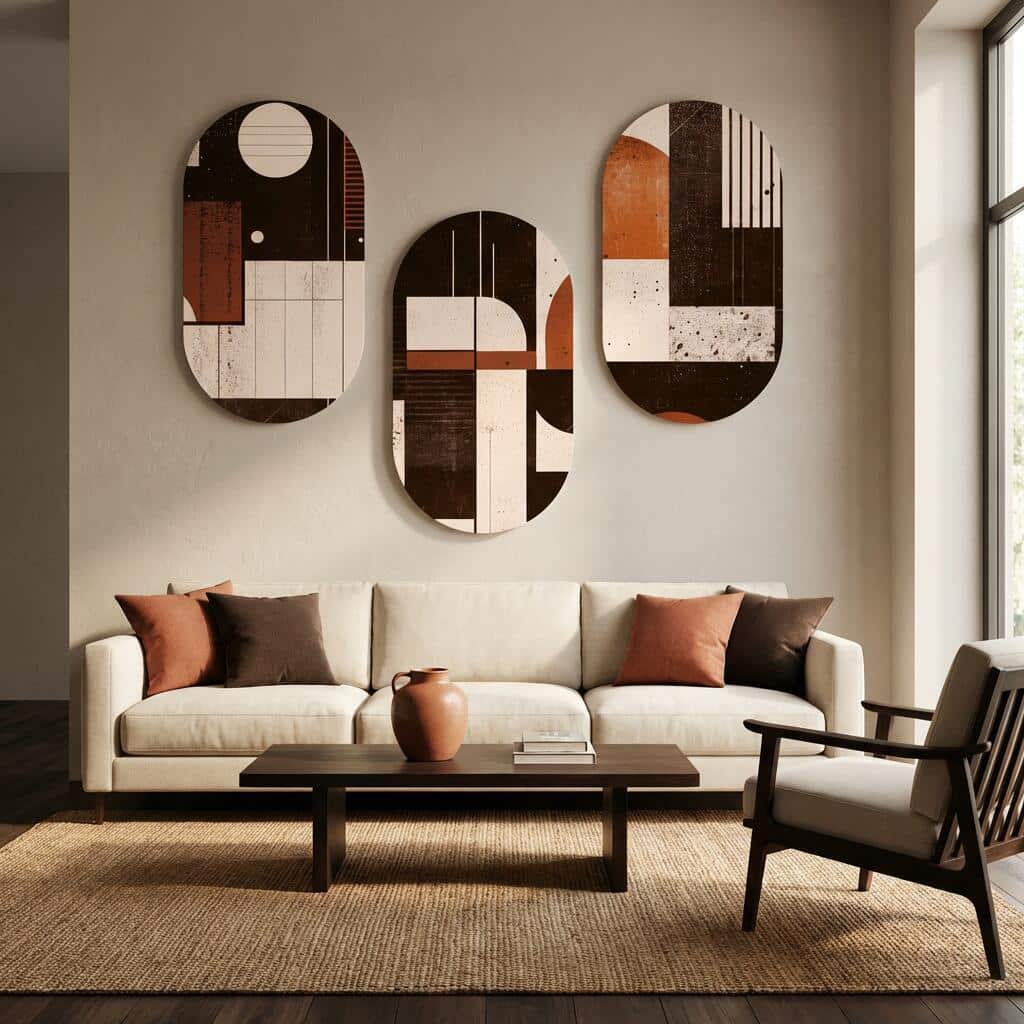Obrazy Owalne w stylu Bauhaus | Abstrakcyjny Tryptyk Retro 42236 - zdjęcie 5