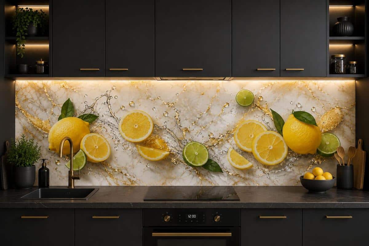 Panel między szafki kuchenne- owoce cytryny i limonki | Biały marmur ze złotem 76018