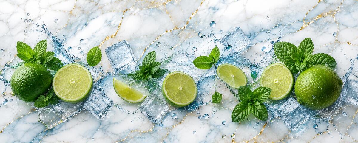 Nowoczesny Lacobel do kuchni- Limonki | Panel kuchenny owoce na marmurze 76020 - zdjęcie 3