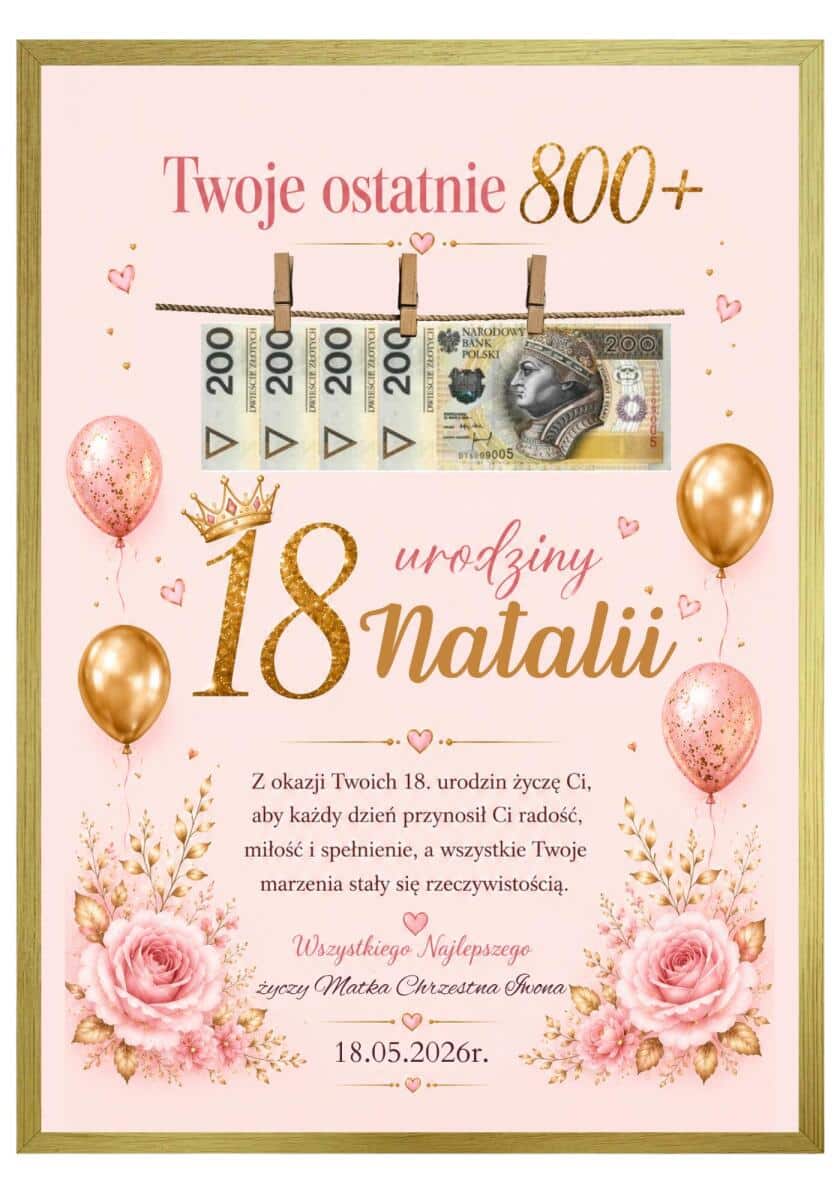 Prezent na 18 urodziny- Plakat z miejscem na pieniądze | Personalizowana Kartka na osiemnastkę 31001