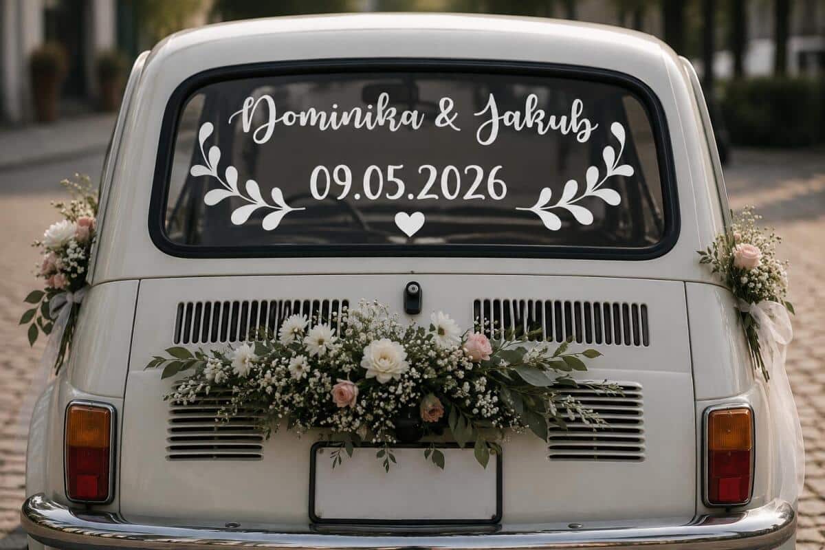 Naklejka na samochód- Imiona Pary Młodej i data | Dekoracja auta do ślubu 51204 - zdjęcie 3
