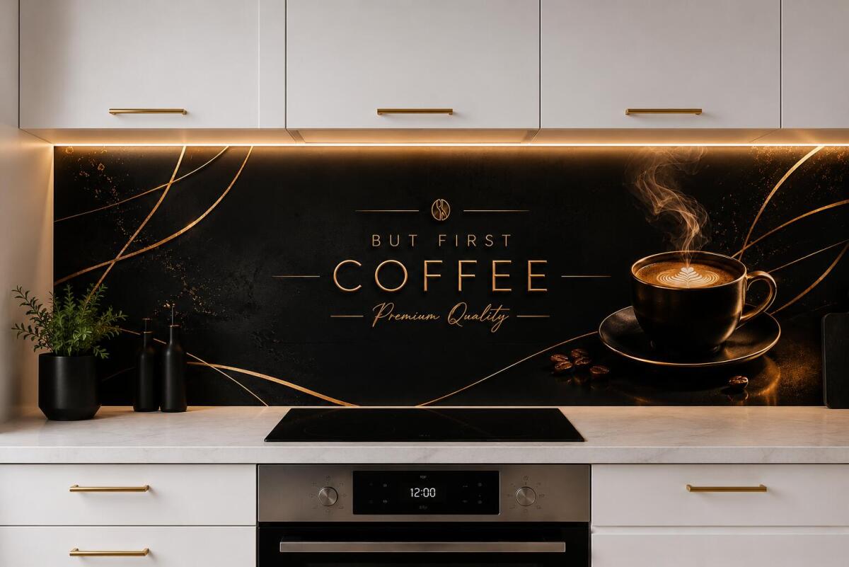 Panel do kuchni Glamour- But First Coffee | Czarno-złoty Lacobel nad blat kuchenny 76012