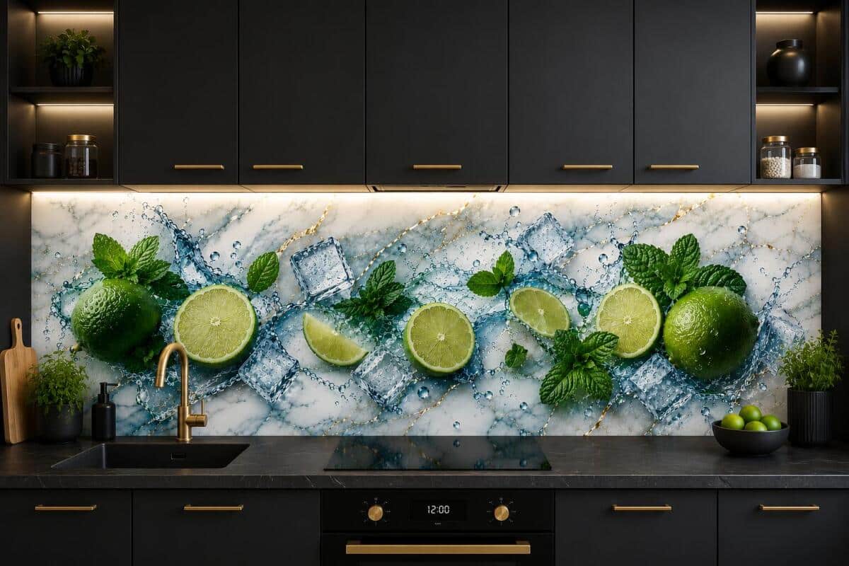Nowoczesny Lacobel do kuchni- Limonki | Panel kuchenny owoce na marmurze 76020