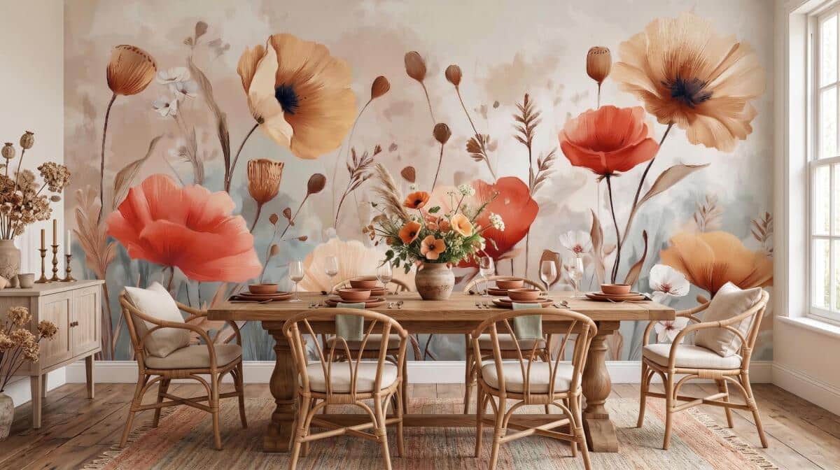 Subtelna Fototapeta Floral- Maki Watercolor | Dekoracja do wnętrz w stylu boho, vintage 52002