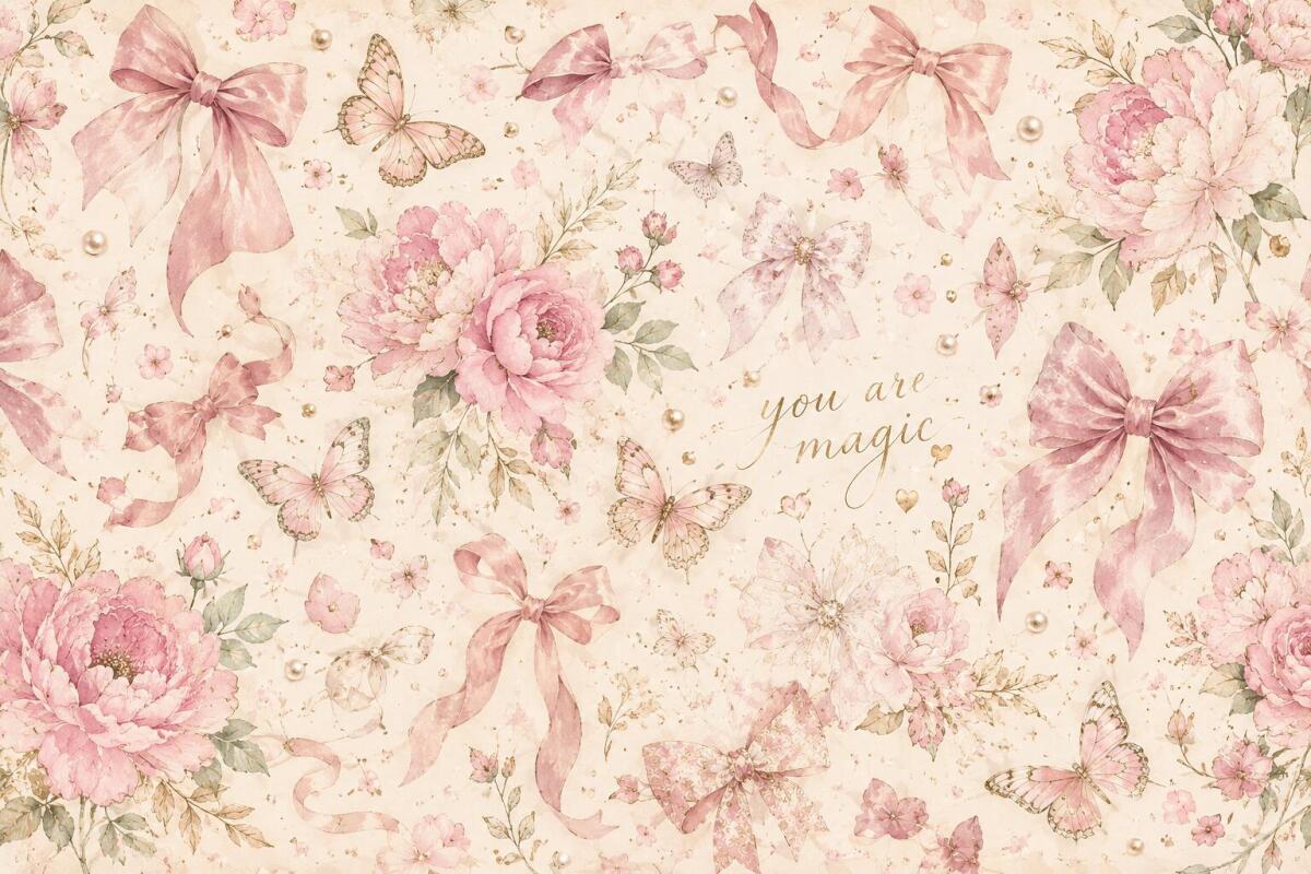 Fototapeta- Różowe Piwonie i Kokardki | Romantyczna Dekoracja Ścienna w stylu Shabby Chic, Coquette 76111 - zdjęcie 3