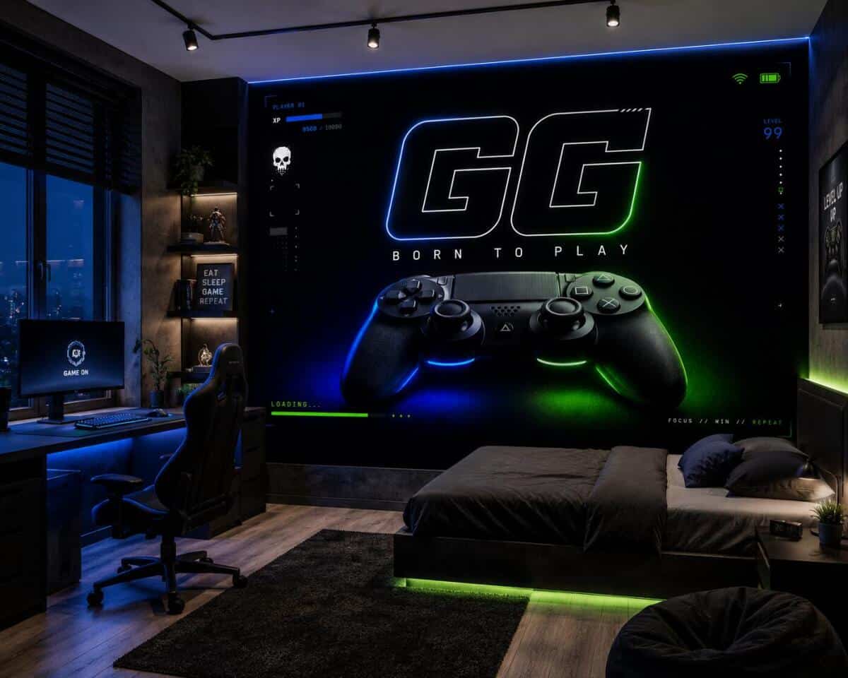 Fototapeta Gamingowa GG Born To Play i Neonowy Pad | Tapeta dla Gracza, do pokoju nastolatka 76110 - zdjęcie 2