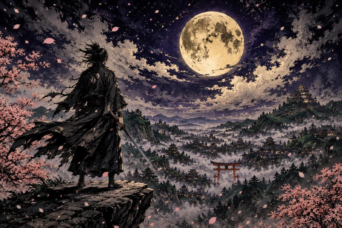 Fototapeta Orientalna- Samuraj z Kataną i Pełnia Księżyca | Klimatyczna Tapeta Anime  76117 - zdjęcie 3