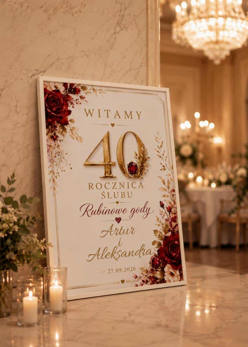 Elegancka Tablica Powitalna na 40 Rocznicę Ślubu, Rubinowe Gody | Tablica z imionami na Jubileusz 31066 - zdjęcie 3