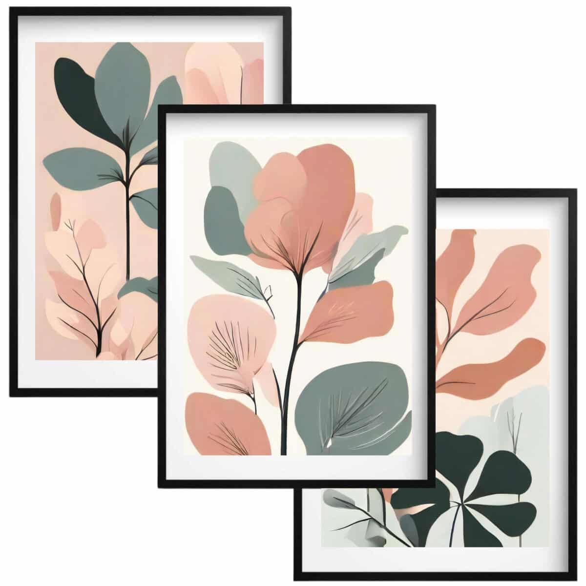 Zestaw 3 Plakatów Botanicznych Japandi | Pastelowe Liście Modern Organic do Salonu 42255