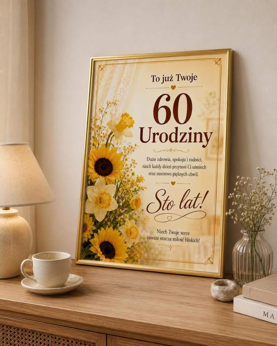 Plakat na 60-tkę dla kobiety - Żółte kwiaty | Upominek na 60 urodziny z życzeniami 31022 - zdjęcie 4