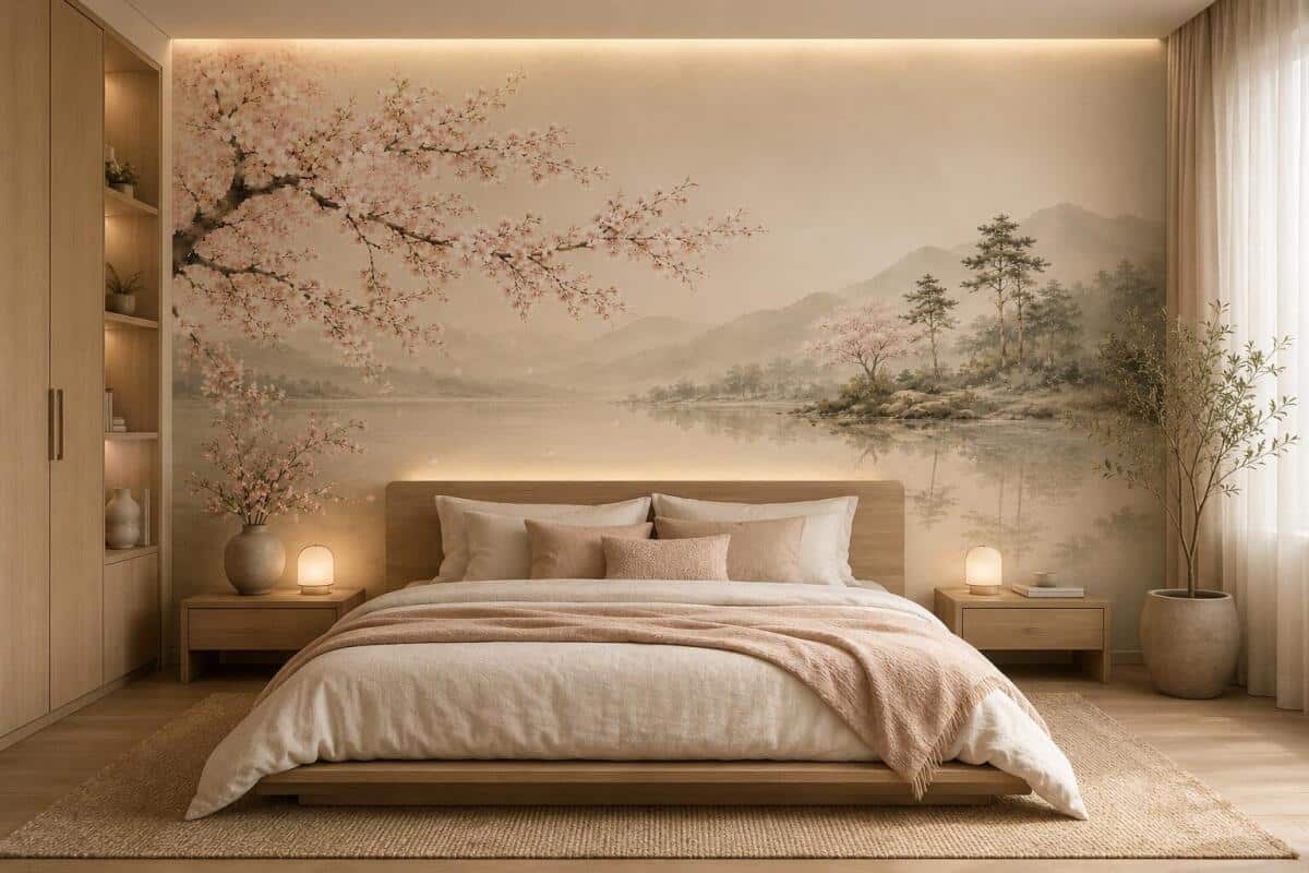 Fototapeta Japandi – Kwitnąca Wiśnia nad Jeziorem | Beżowy Krajobraz Zen Sakura 76101