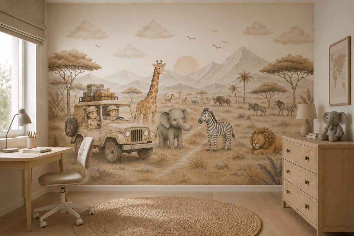 Fototapeta Safari dla Dzieci – Zwierzęta Afryki w Stylu Boho | Beżowa Dekoracja do dziecięcego pokoju 76066