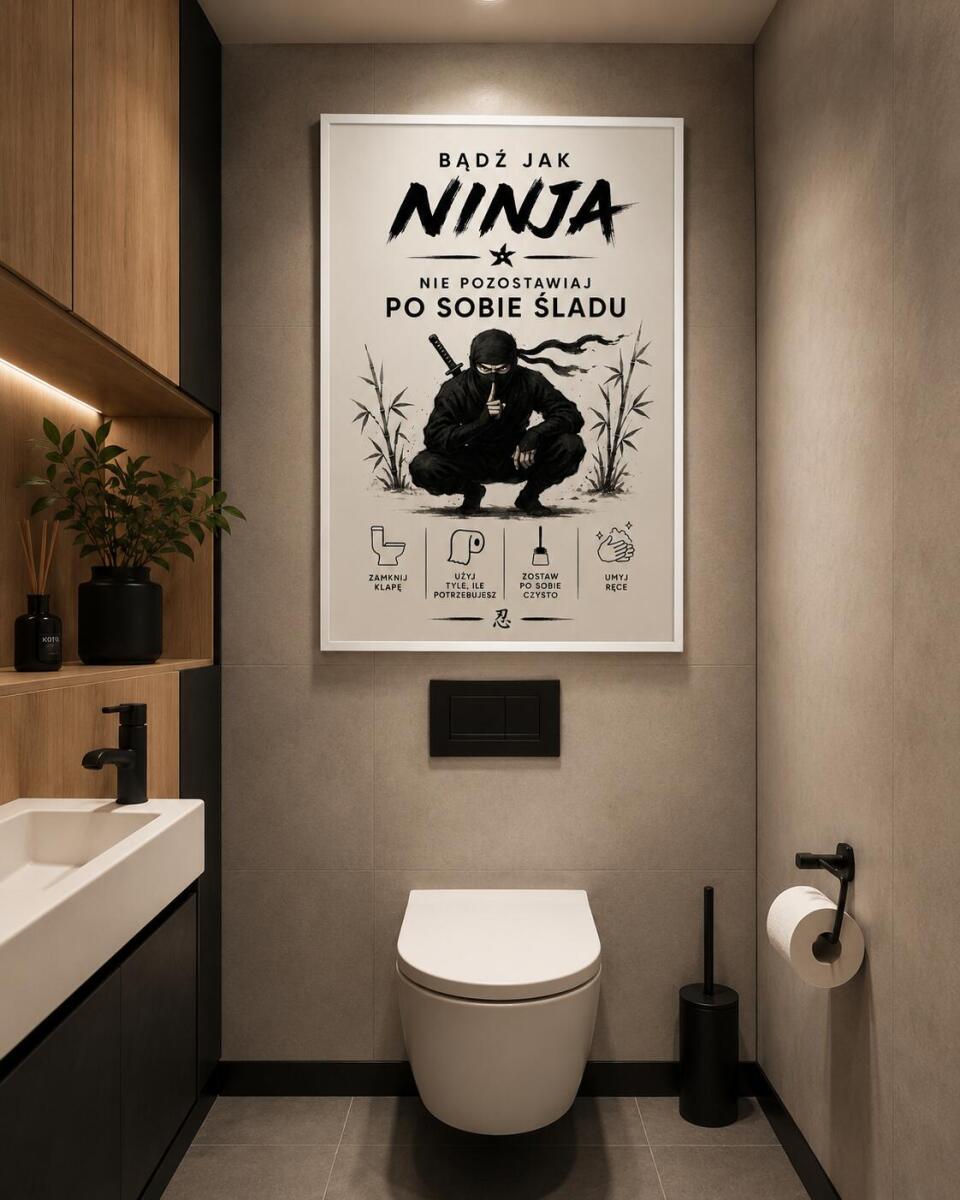 Plakat do łazienki: Bądź jak Ninja – Nie Pozostawiaj Po Sobie Śladu | Śmieszna dekoracja do toalety, WC 76070 - zdjęcie 7