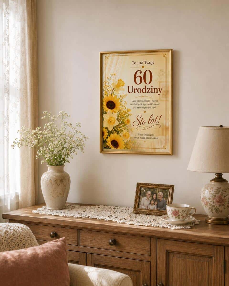 Plakat na 60-tkę dla kobiety - Żółte kwiaty | Upominek na 60 urodziny z życzeniami 31022 - zdjęcie 2