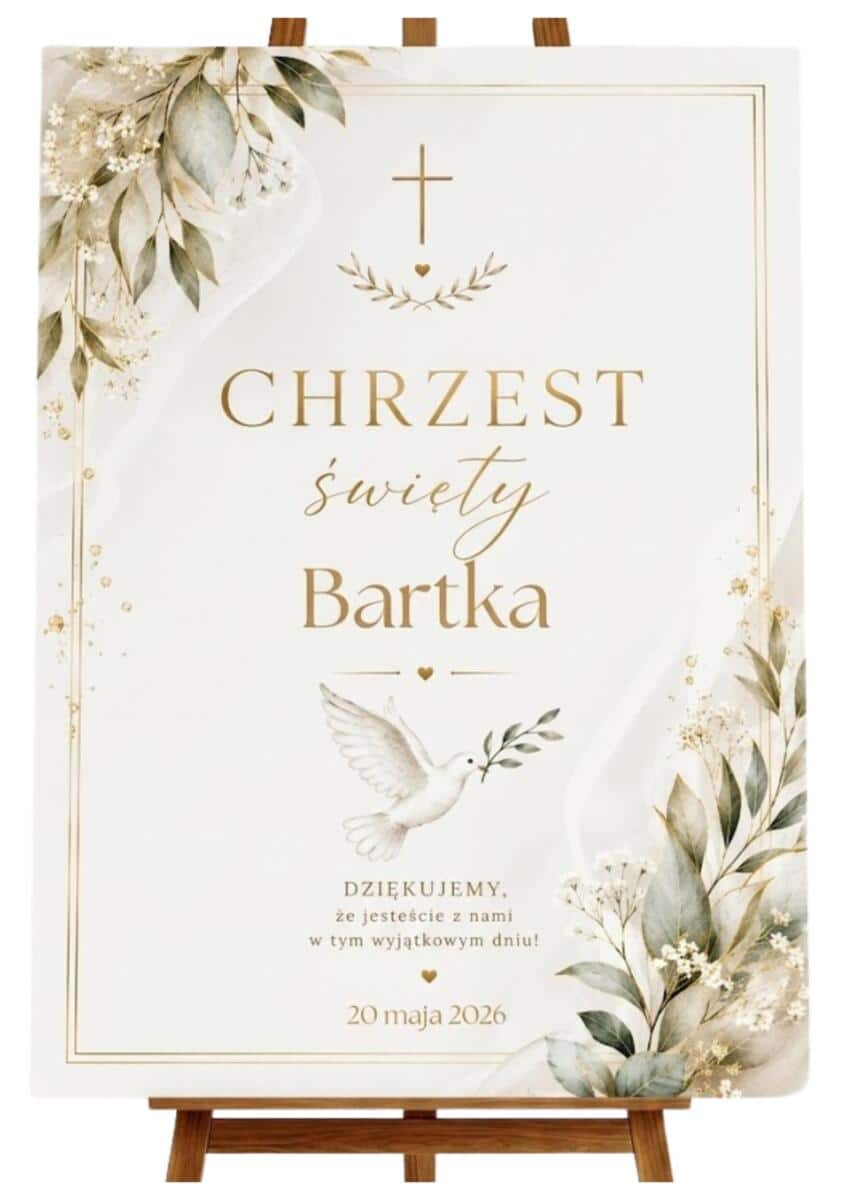 Elegancki Plakat powitalny na chrzciny | Tablica Chrzest Święty- Biel i Złoto 31046