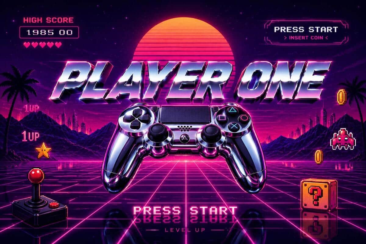 Fioletowa Fototapeta do Pokoju Gracza – Synthwave, Retro, Arcade 76109 - zdjęcie 3