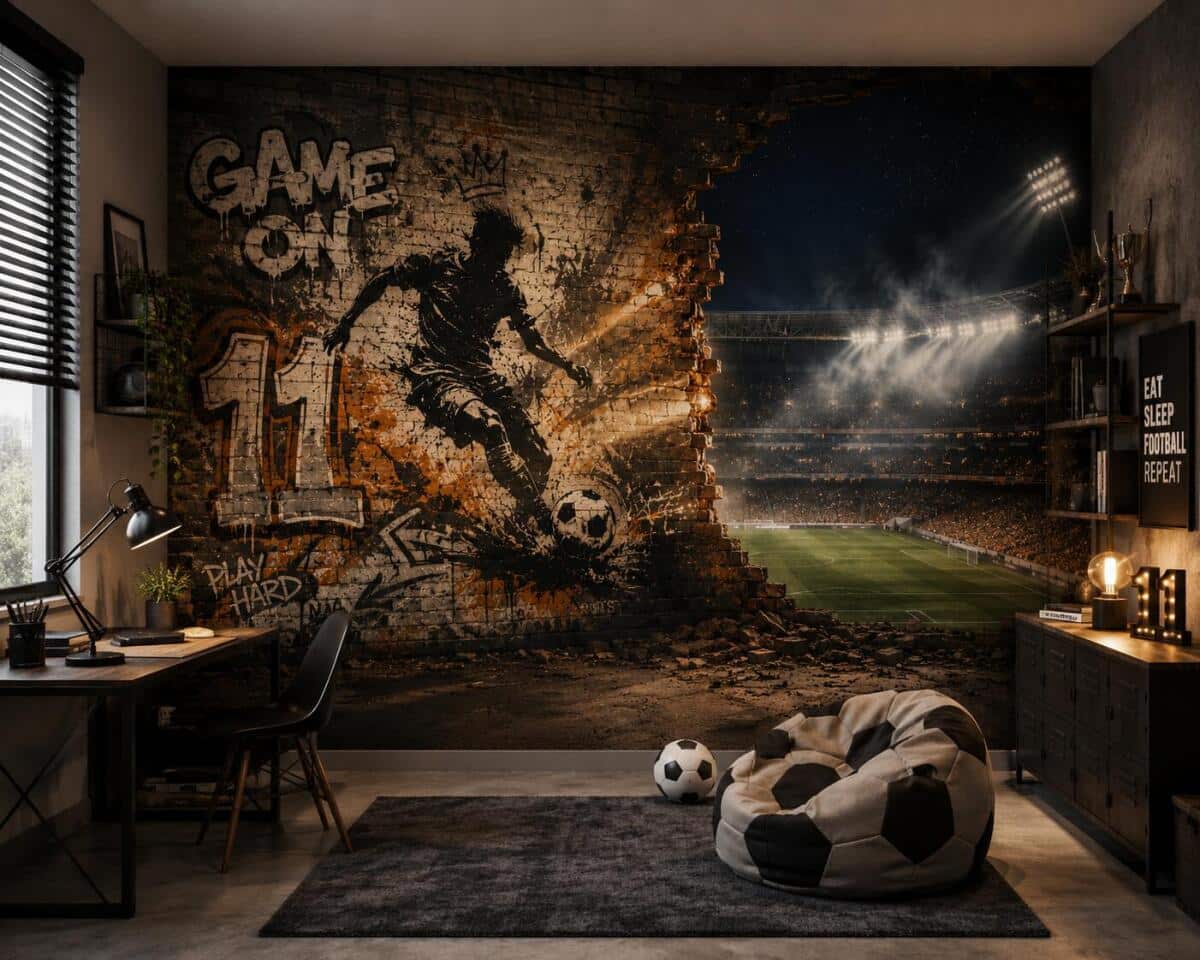 Młodzieżowa Fototapeta 3D-  Graffiti z Piłkarzem i Stadion | Sportowa tapeta dla nastolatka 76124 - zdjęcie 2