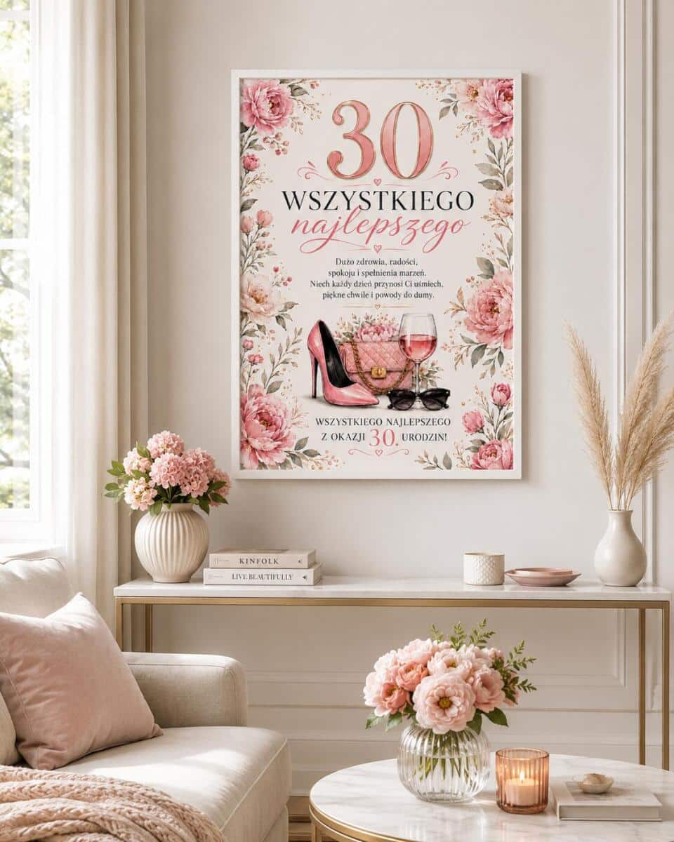 Plakat z życzeniami na 30 urodziny - Kwiaty | Pamiątka na 30-tkę dla kobiety 31028 - zdjęcie 3