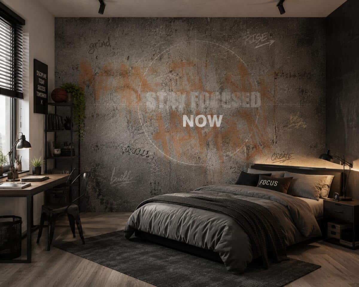 Fototapeta Beton Loft Stay Focused Now | Industrialna Tapeta Motywacyjna do sypialni, biura 76121
